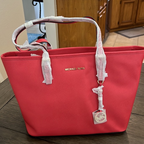 Michael Kors Jet Set Large Saffiano Leather Tote Bag Watermelon - Picture 11 of 13